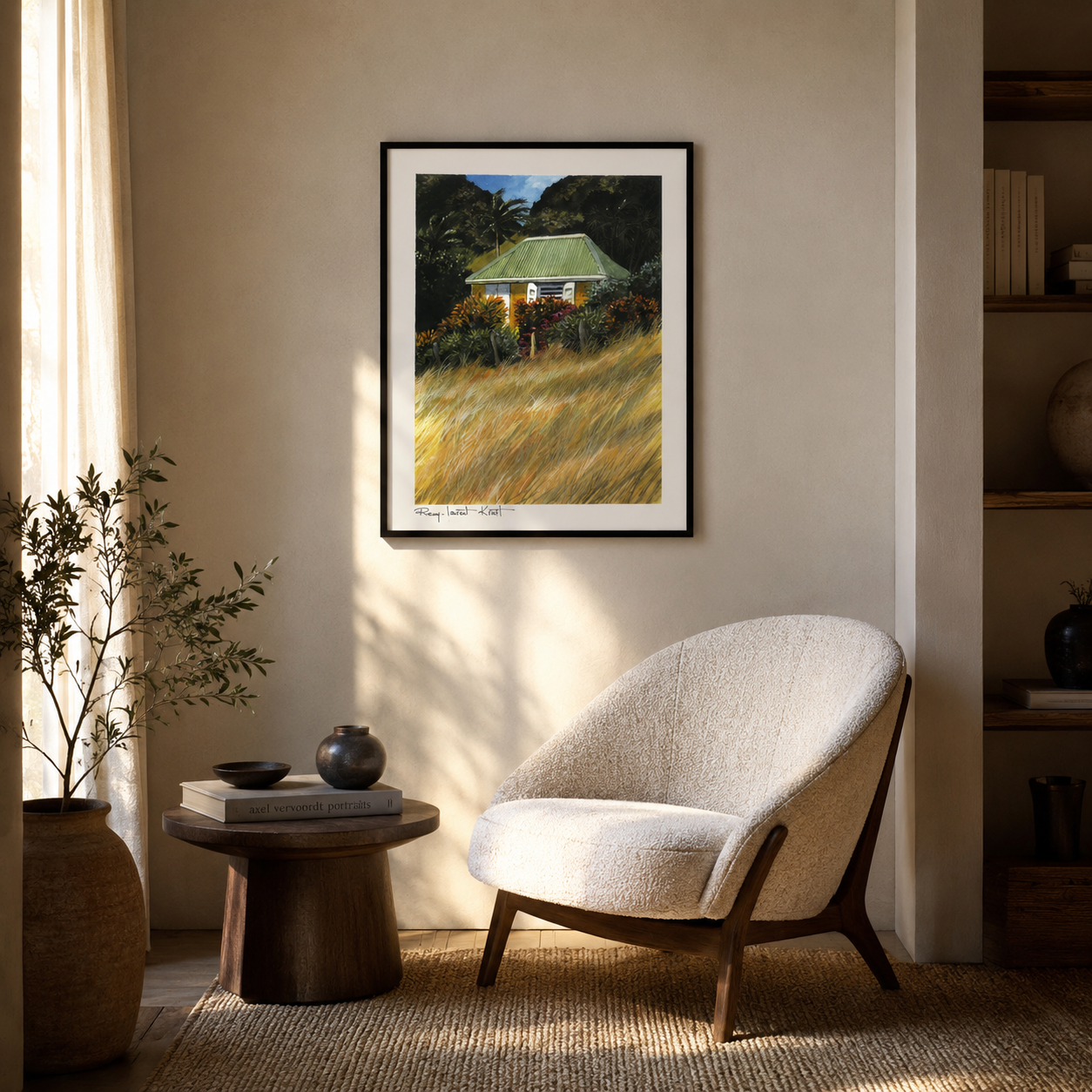 St Barth Watercolor Print – Case Herbes Jaunes – Framed Caribbean Wall Art