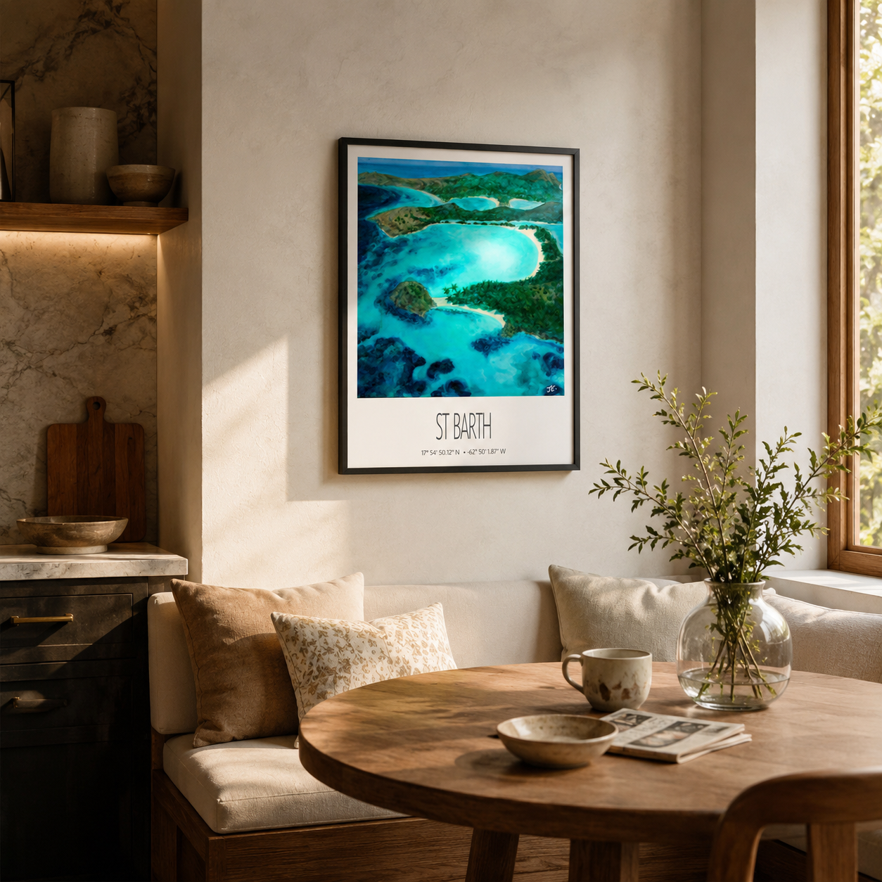 St Barth Watercolor Print – Grand Cul de Sac Lagoon – Framed Caribbean Wall Art