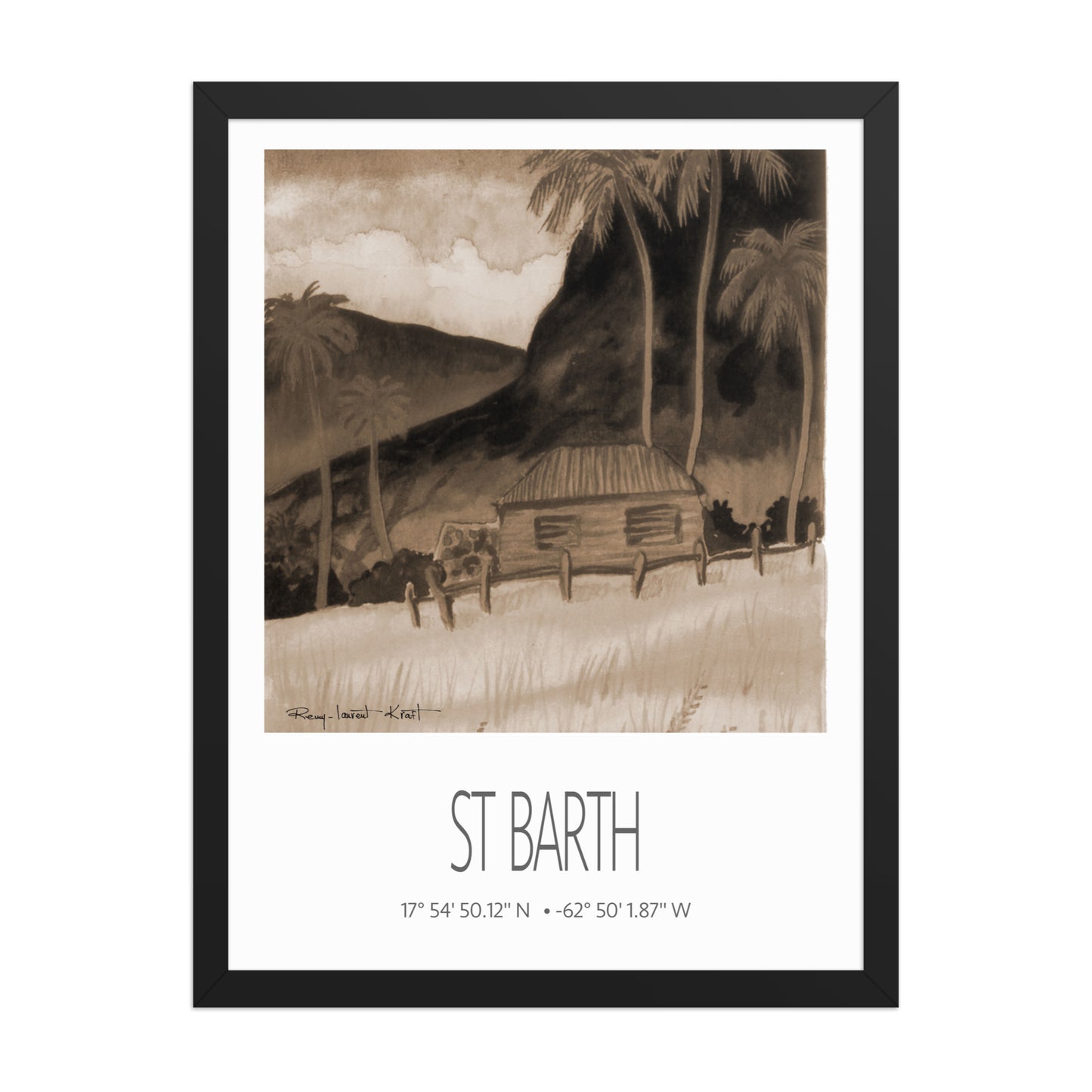 Vintage Travel Poster – St Barth – Tropical Cottage – Framed Caribbean Art Print