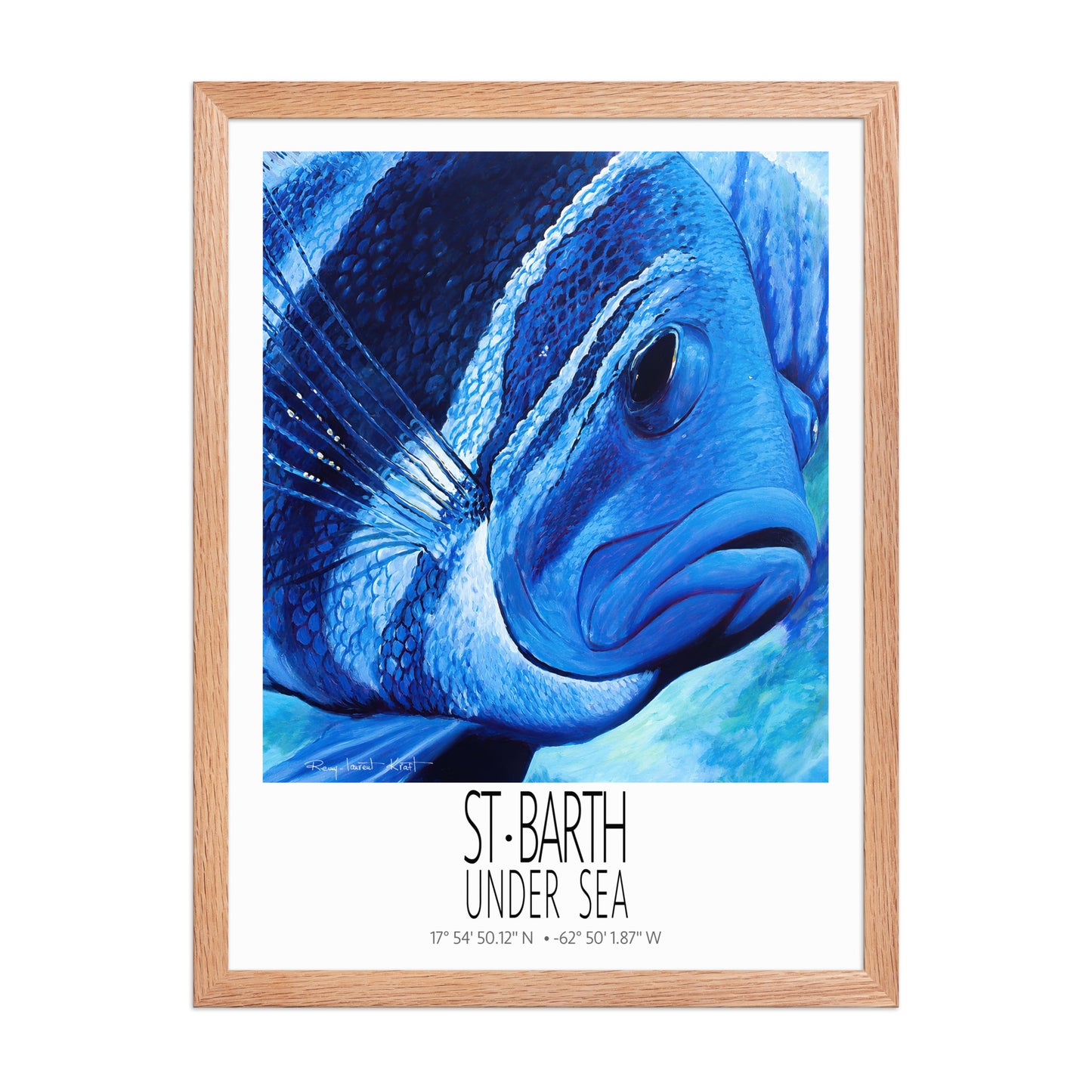 Grand Bleu poster in Red Oak frame