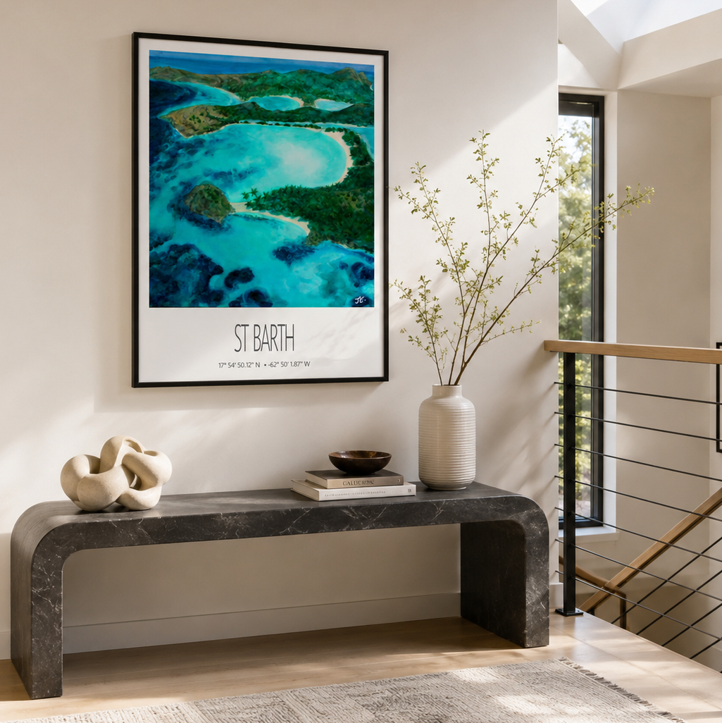 St Barth Watercolor Print – Grand Cul de Sac Lagoon – Framed Caribbean Wall Art