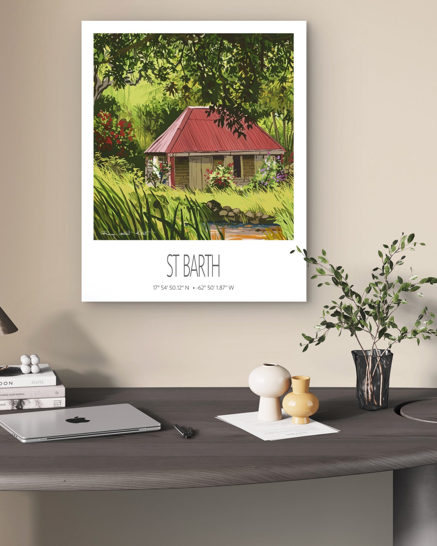 Vintage Travel Poster – St Barth – Old Cottage – Framed Caribbean Art Print