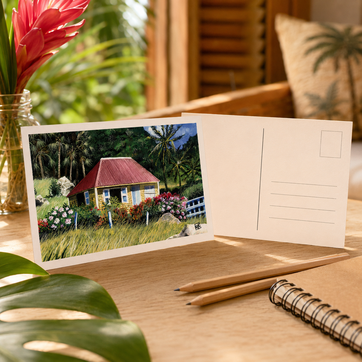 Postal Card - Yellow Cottage – St-Barth - original watercolor print - Caribbean Art Print