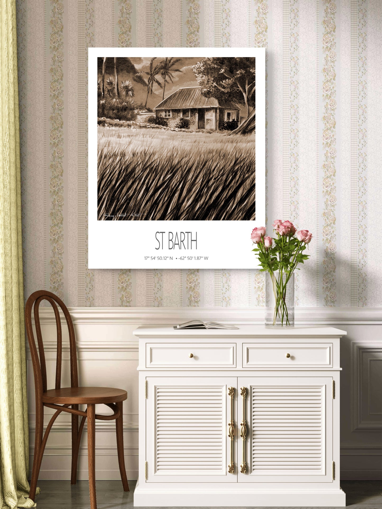 Vintage Travel Poster – St Barth – Cottage Palm Trees – Framed Caribbean Art Print