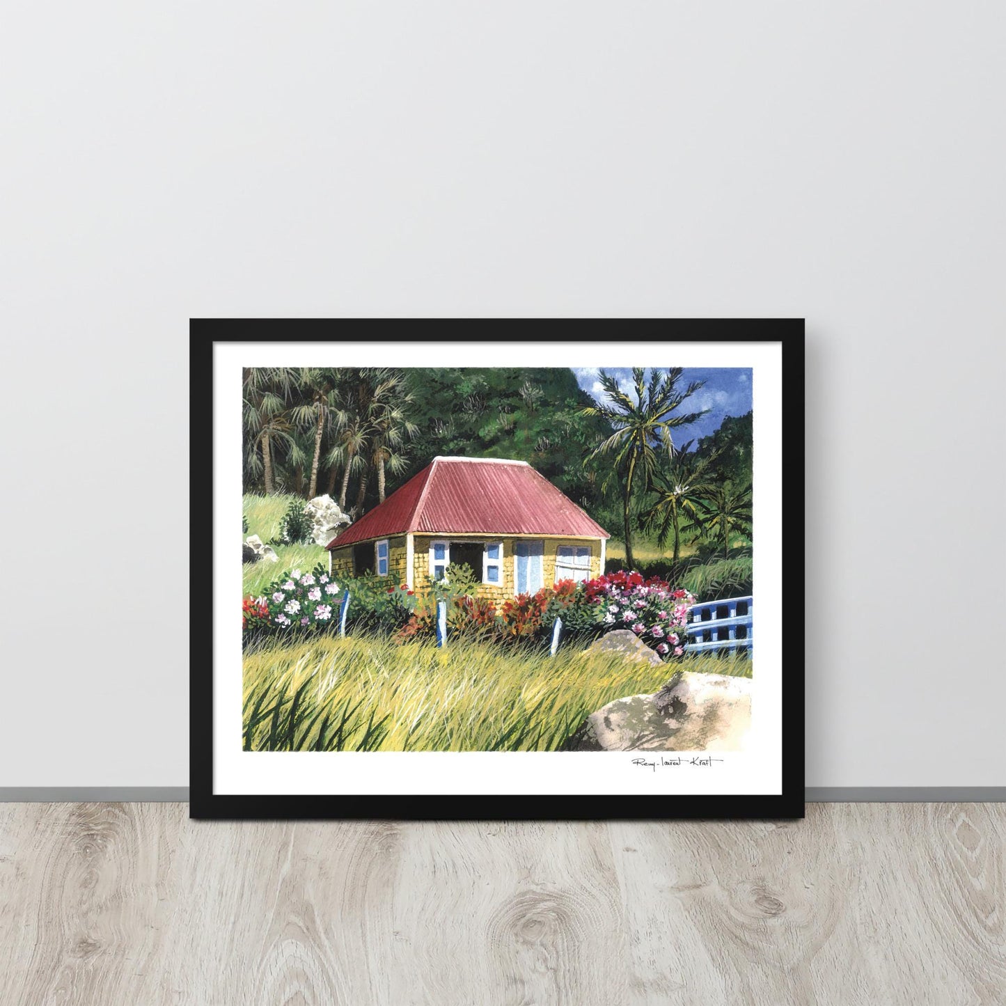 St Barth Watercolor Print – Case Jaune – Framed Caribbean Wall Art