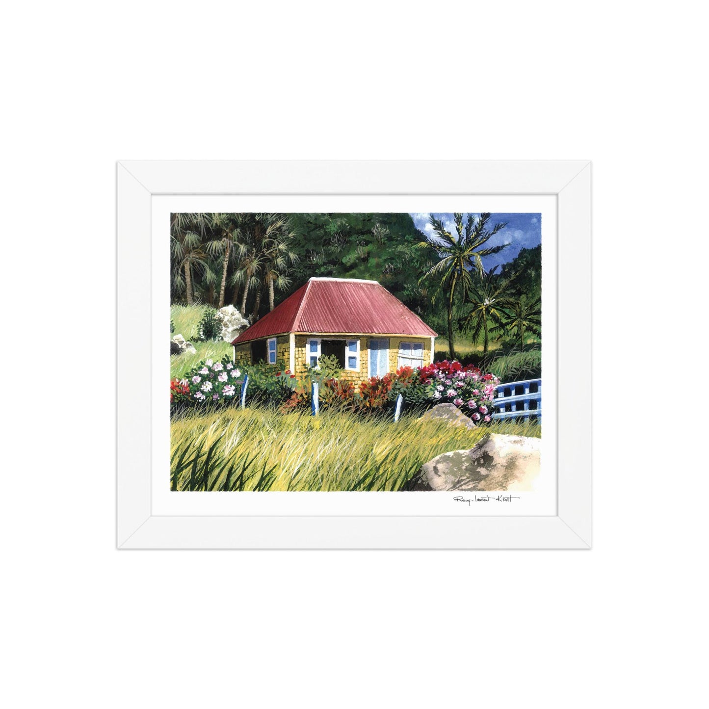St Barth Watercolor Print – Case Jaune – Framed Caribbean Wall Art