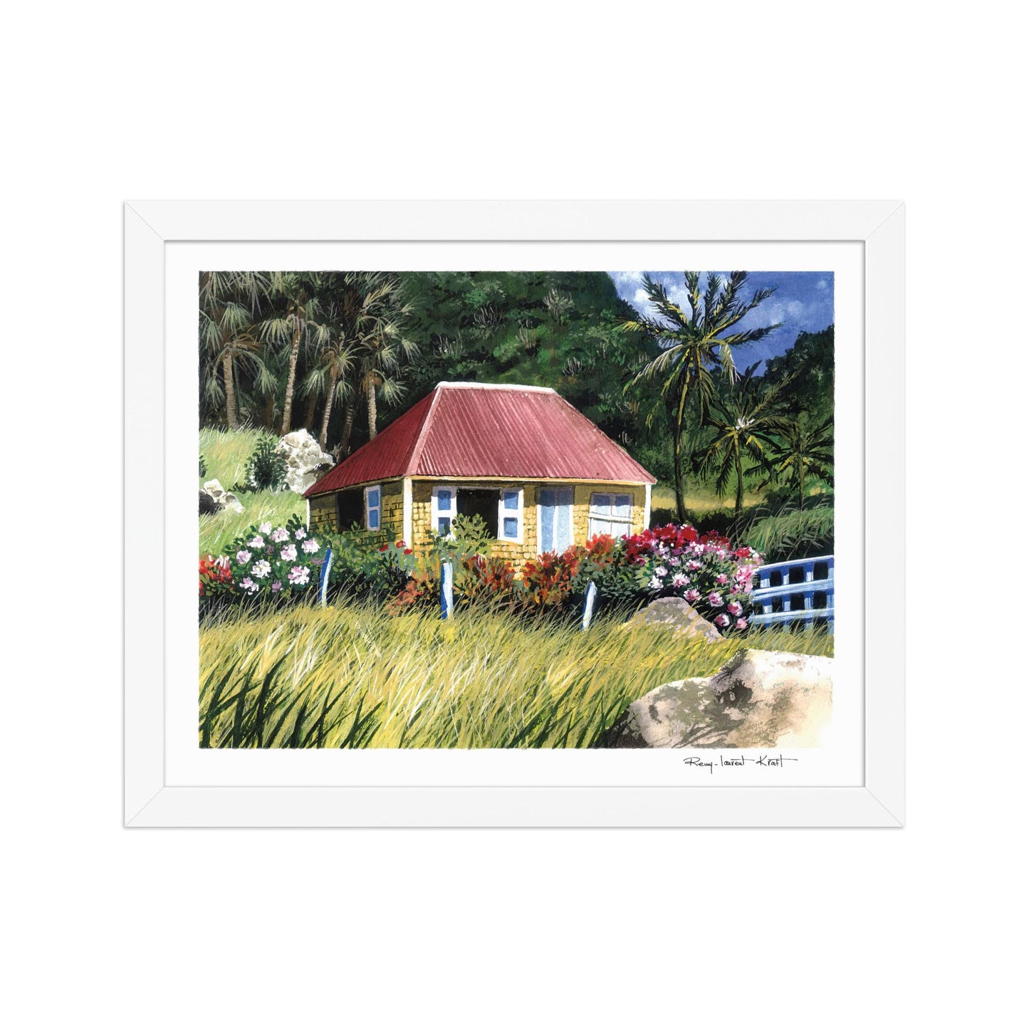 St Barth Watercolor Print – Case Jaune – Framed Caribbean Wall Art