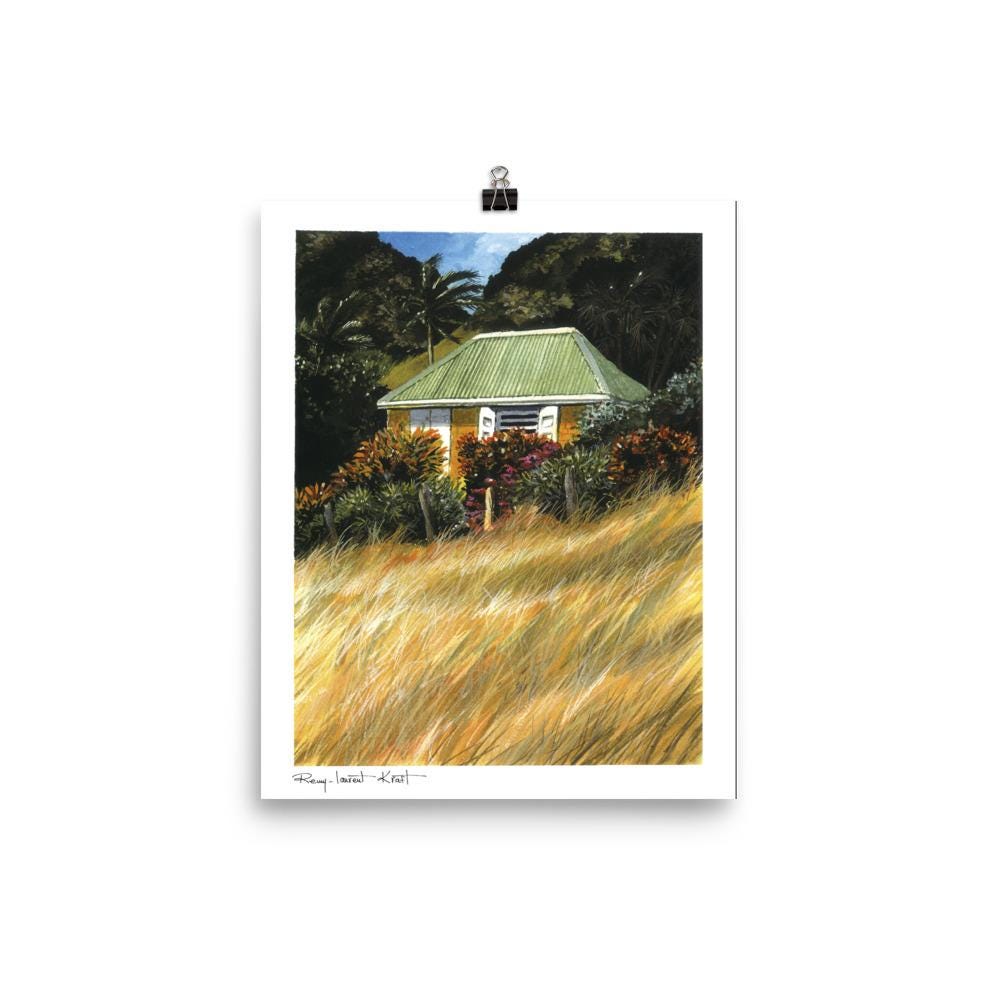 St Barth Watercolor Print – Case Herbes Jaunes – Caribbean Wall Art