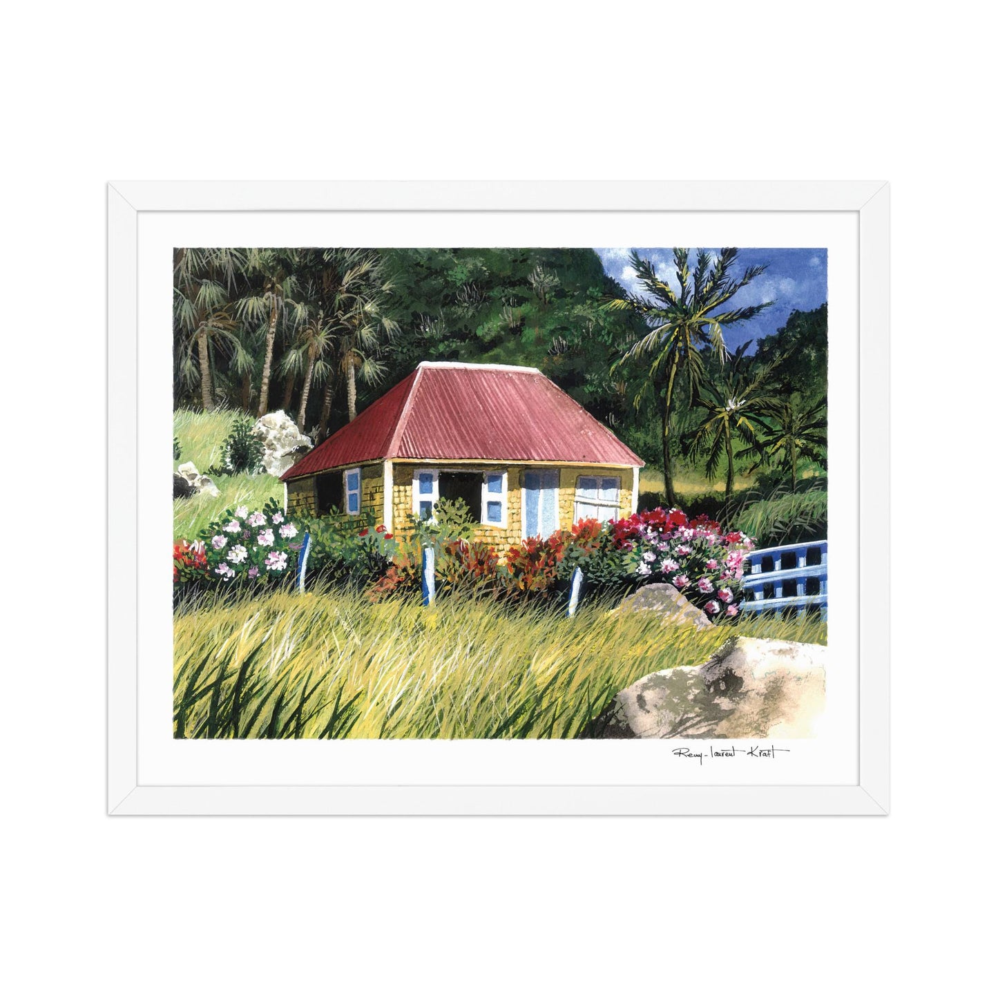 St Barth Watercolor Print – Case Jaune – Framed Caribbean Wall Art