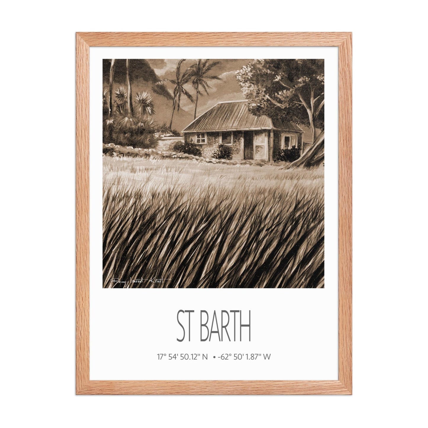 Vintage Travel Poster – St Barth – Cottage Palm Trees – Framed Caribbean Art Print