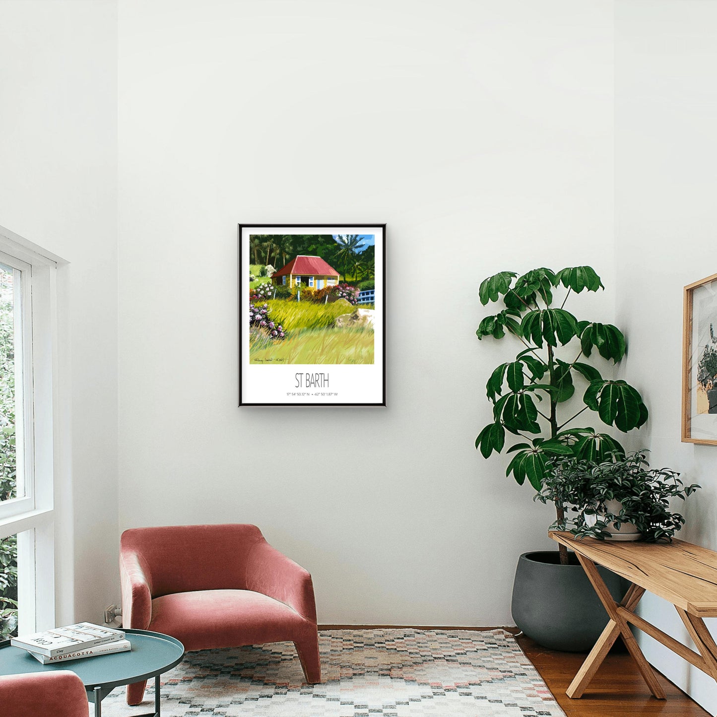 Vintage Travel Poster – St Barth – Case Jaune – Framed Caribbean Art Print