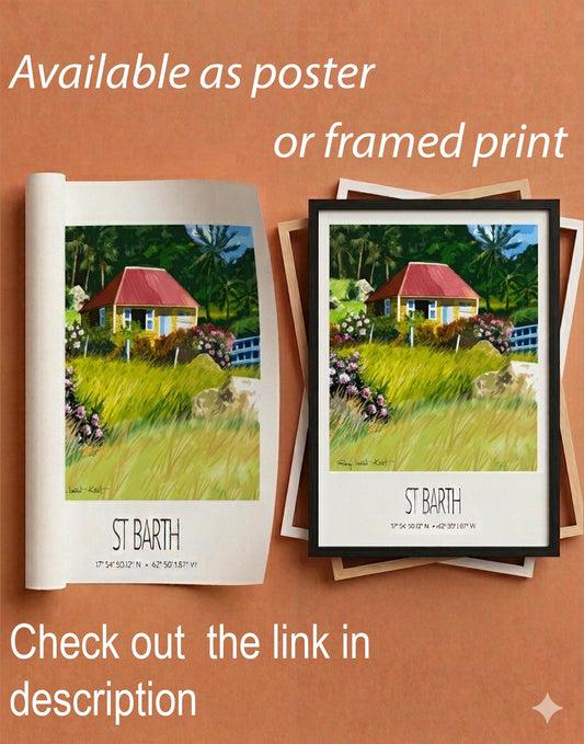 Vintage Travel Poster – St Barth – Case Jaune – Framed Caribbean Art Print