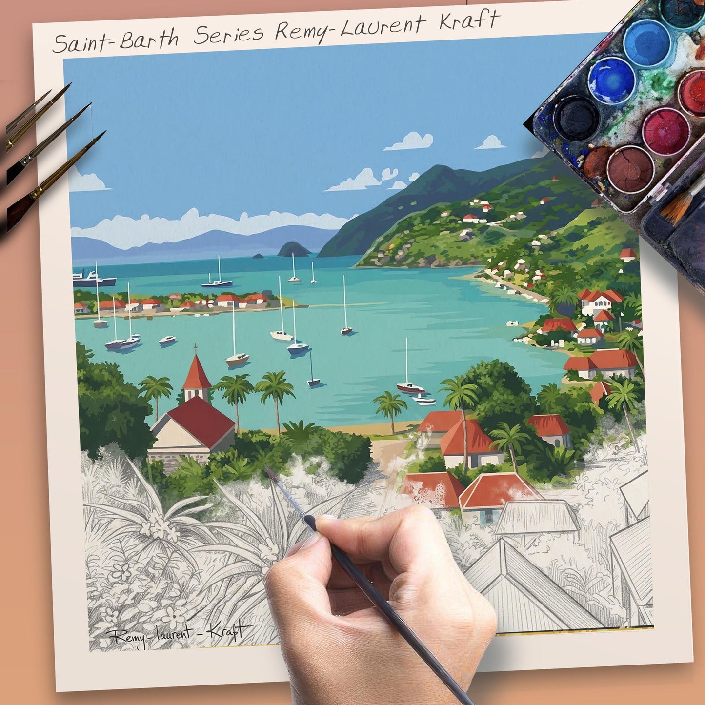 Vintage Travel Poster – St Barth – Gustavia Bay – Framed Caribbean Art Print