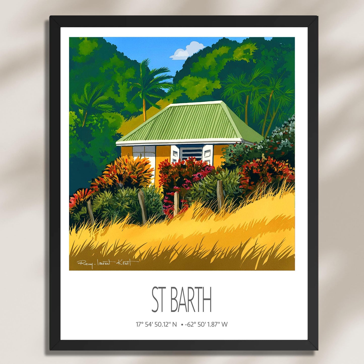 Vintage Travel Poster – St Barth – Yellow Grass – Framed Caribbean Art Print
