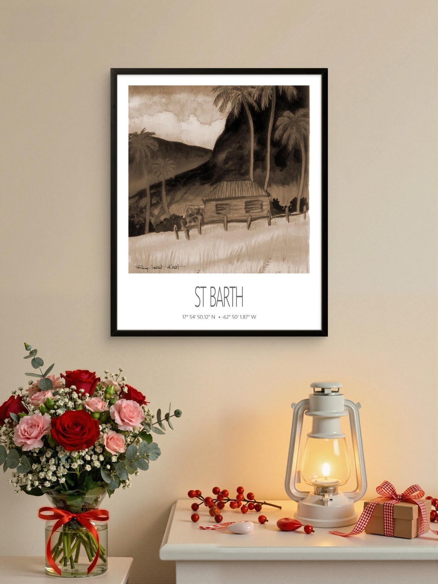 Vintage Travel Poster – St Barth – Tropical Cottage – Framed Caribbean Art Print