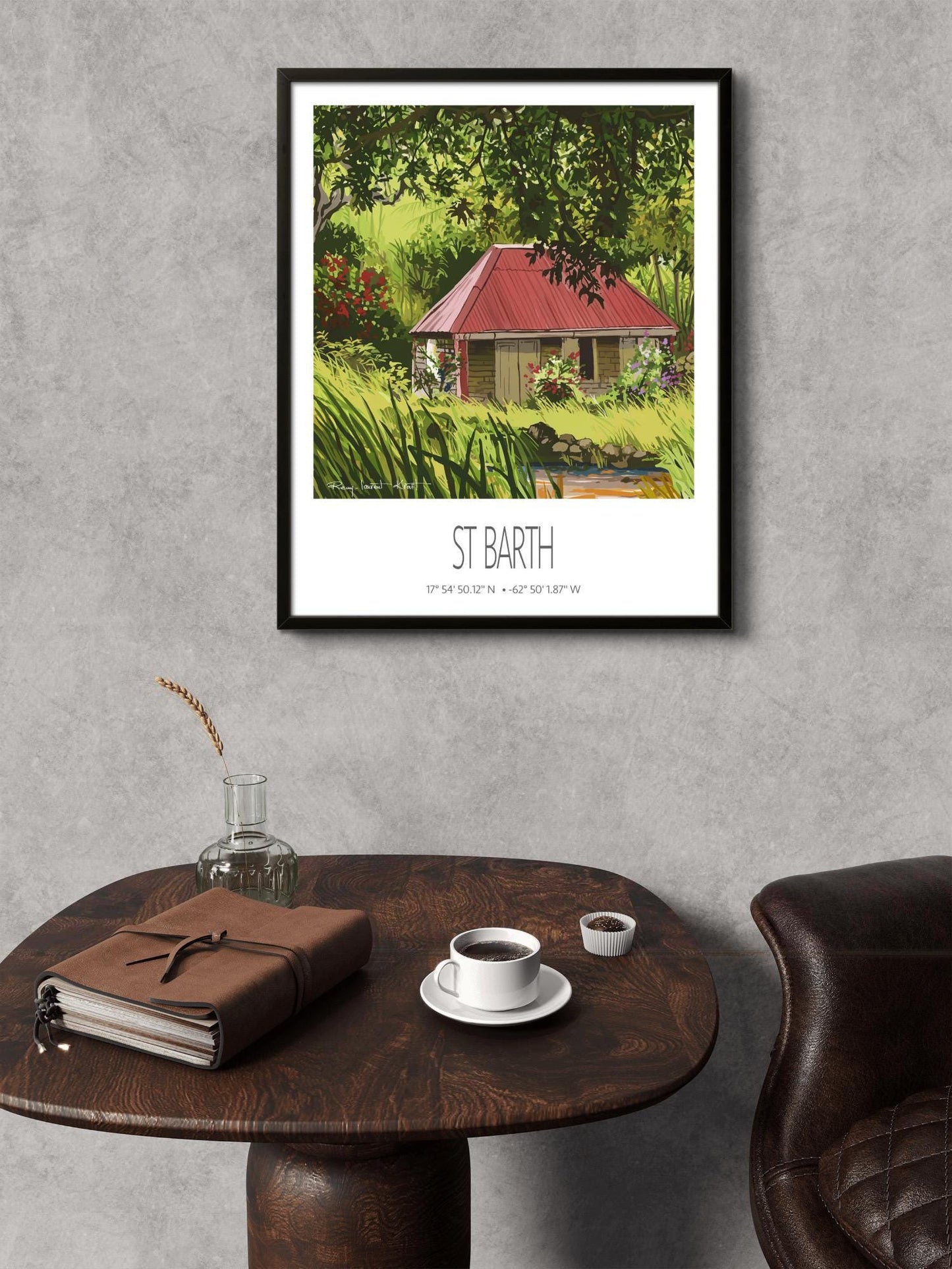 Vintage Travel Poster – St Barth – Old Cottage – Framed Caribbean Art Print