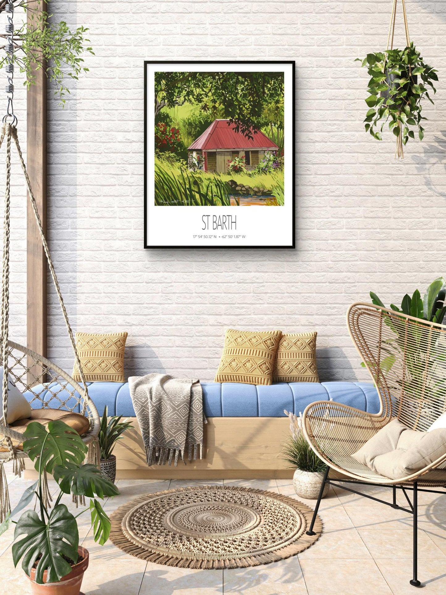 Vintage Travel Poster – St Barth – Old Cottage – Framed Caribbean Art Print