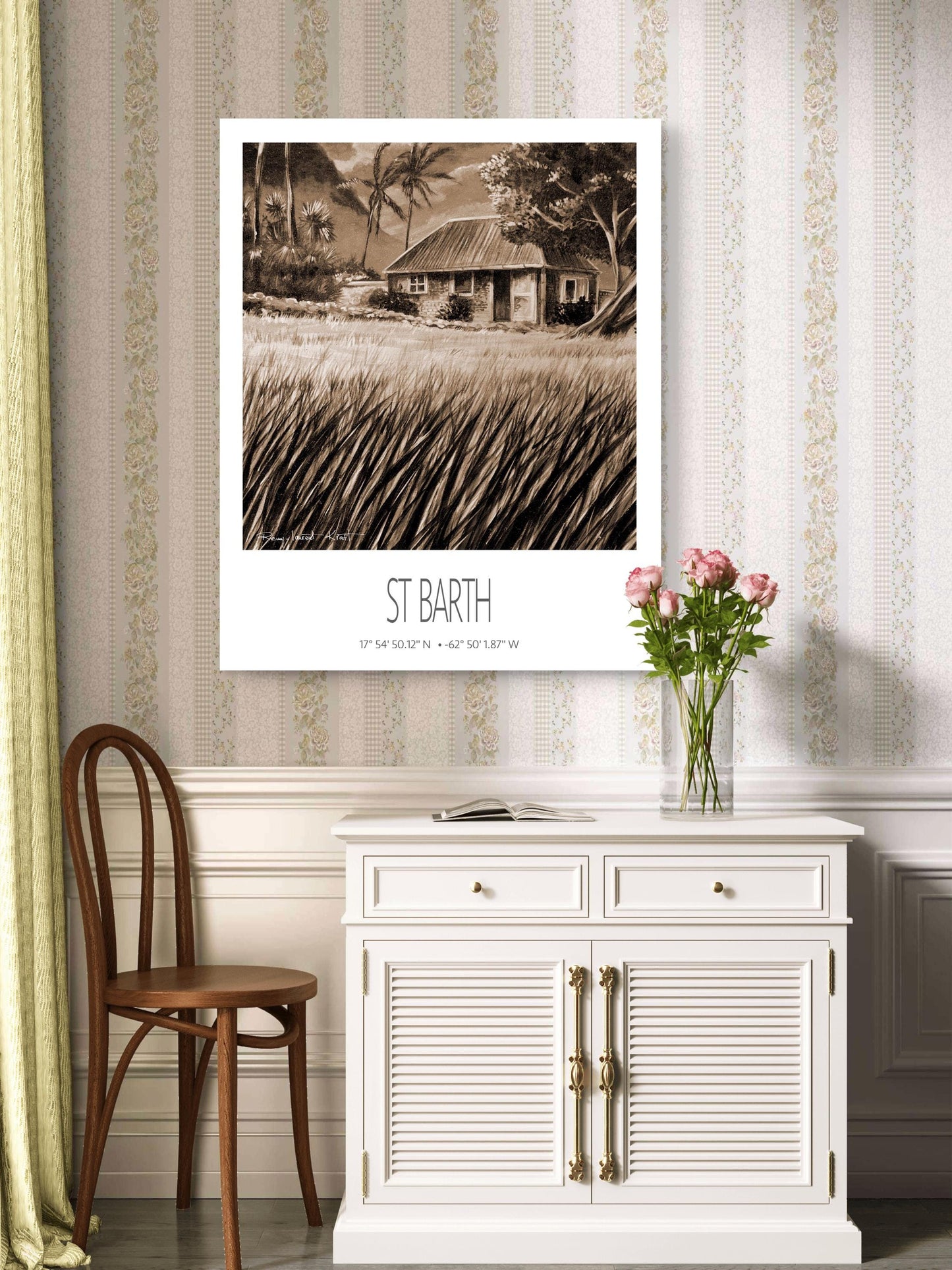 Vintage Travel Poster – St Barth – Cottage Palm Trees – Caribbean Art Print