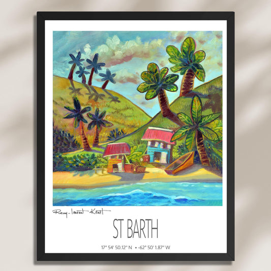 Vintage Travel Poster – St Barth – Two Cottages – Framed Caribbean Art Print