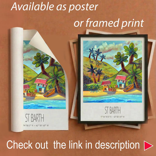 Vintage Travel Poster – St Barth – Two Cottages – Framed Caribbean Art Print