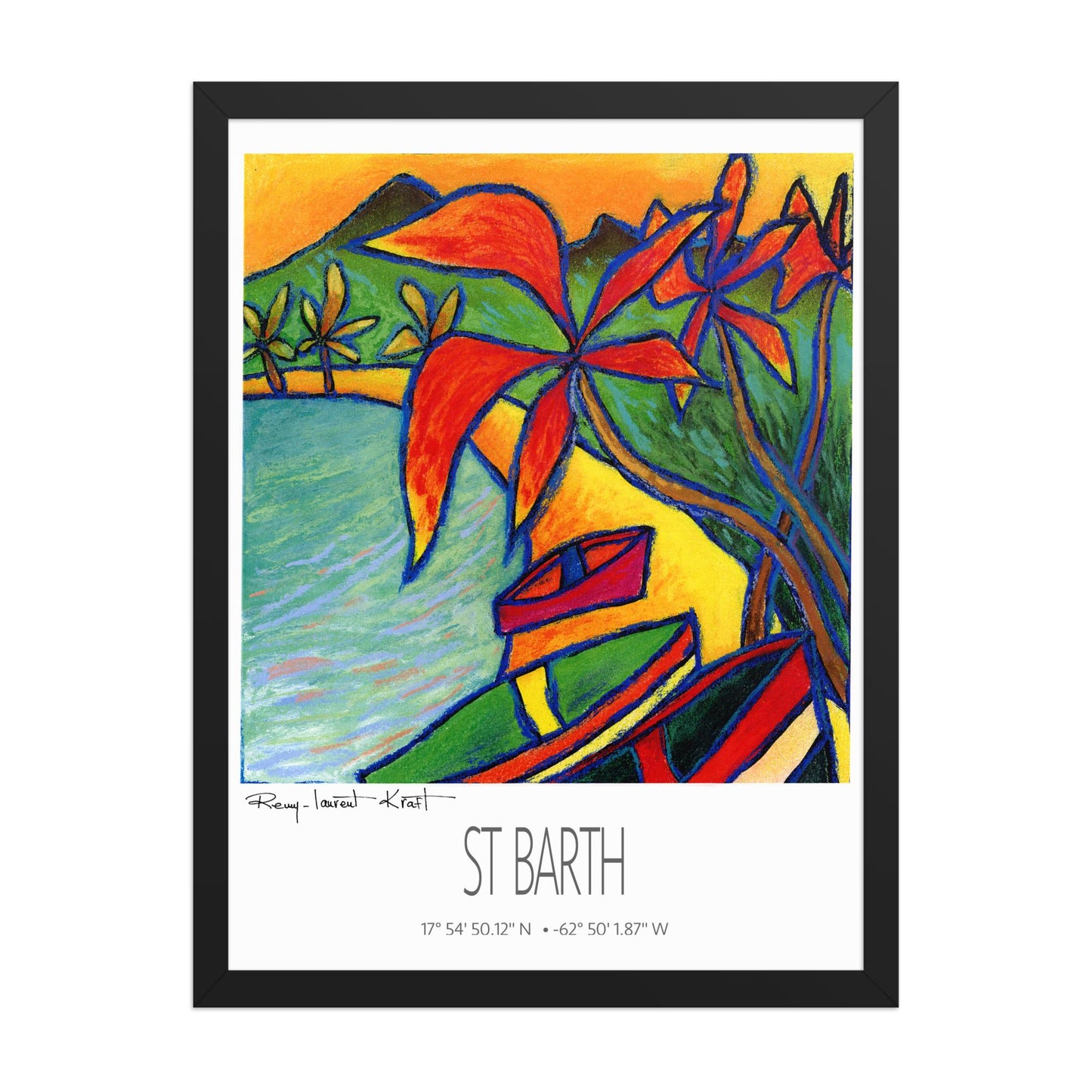 Vintage Travel Poster – St Barth – Red Coco Bay – Framed Caribbean Art Print