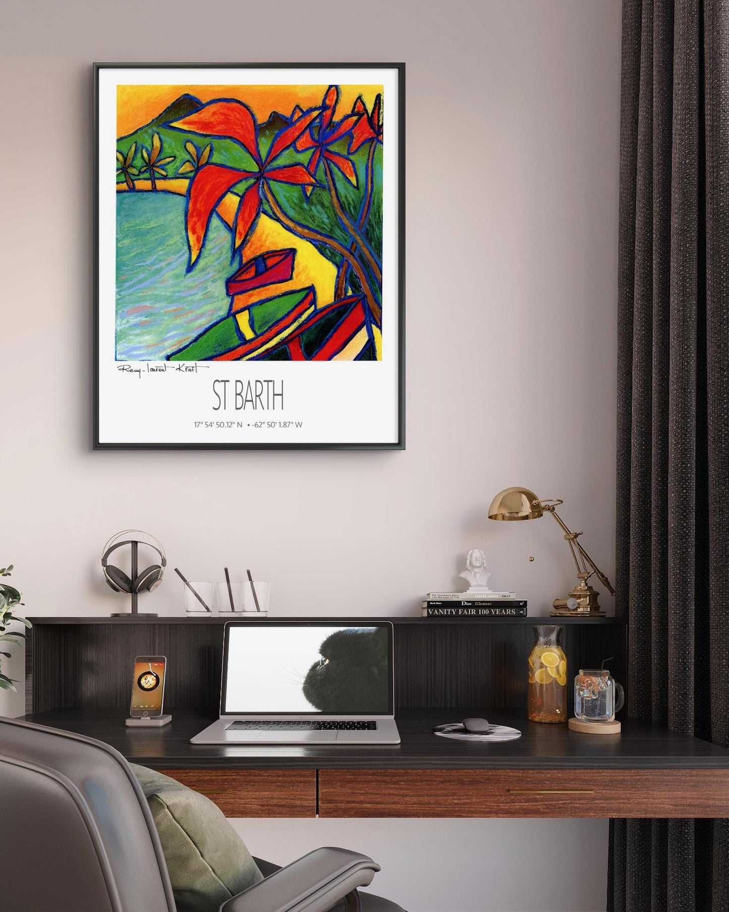 Vintage Travel Poster – St Barth – Red Coco Bay – Framed Caribbean Art Print