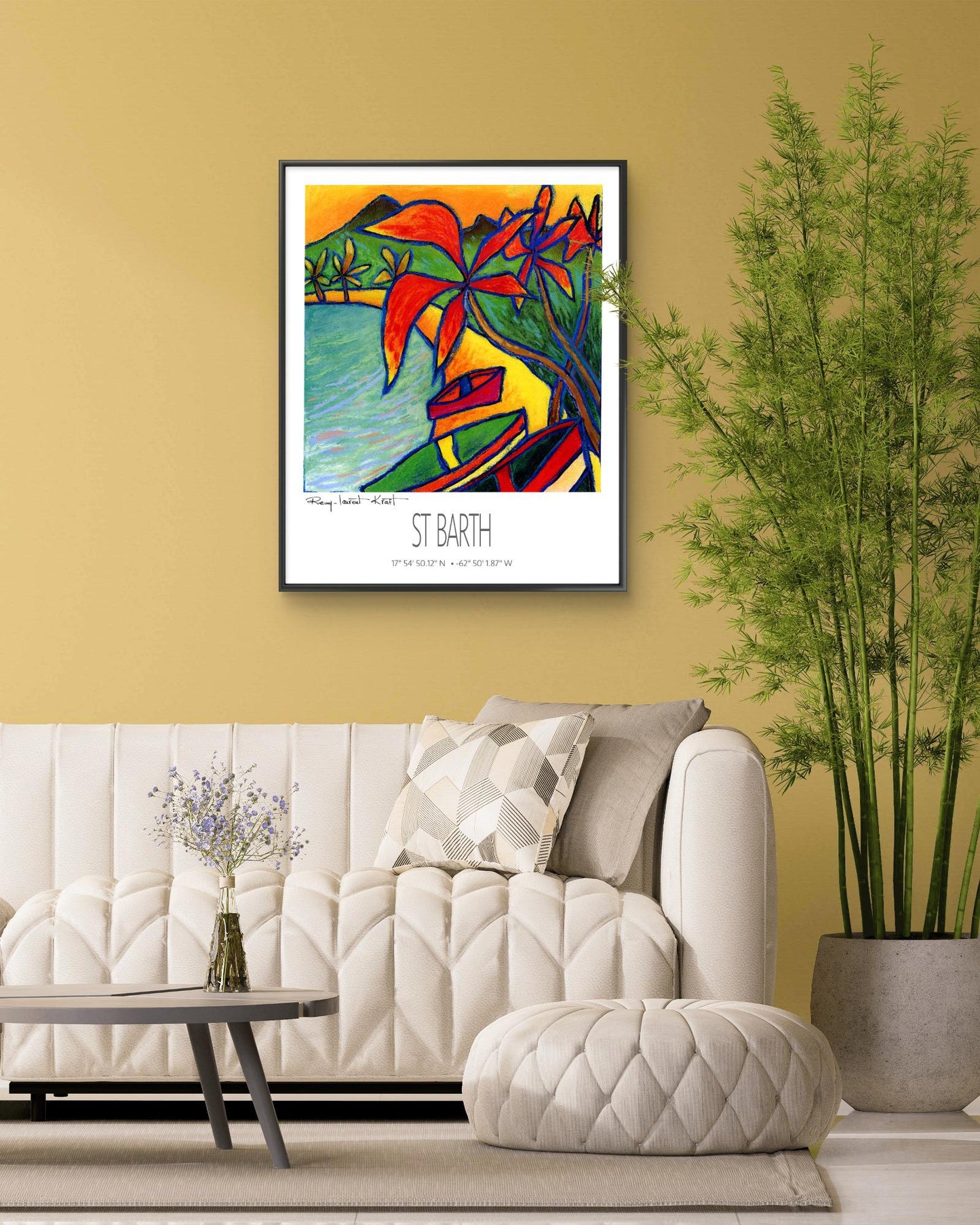 Vintage Travel Poster – St Barth – Red Coco Bay – Framed Caribbean Art Print
