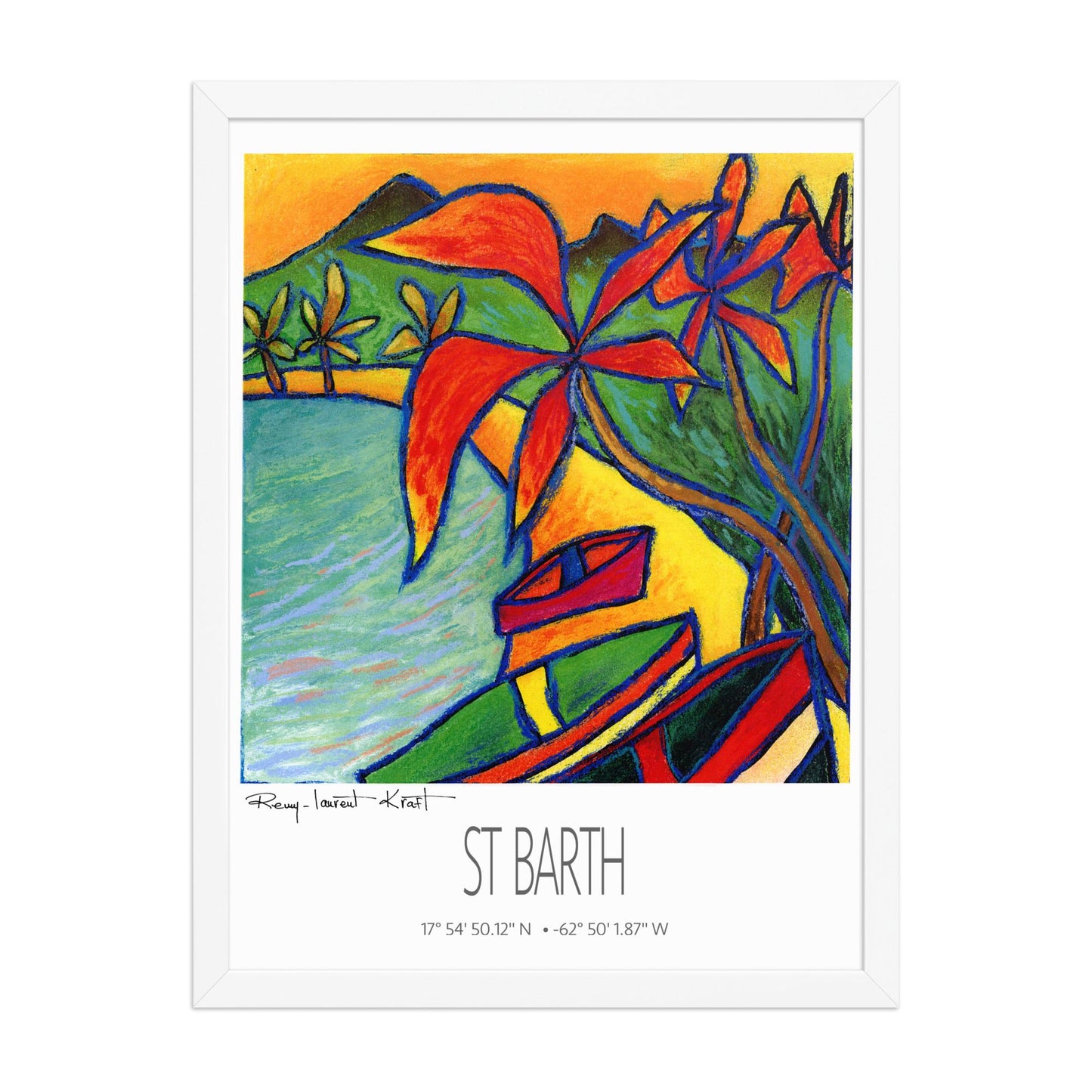 Vintage Travel Poster – St Barth – Red Coco Bay – Framed Caribbean Art Print