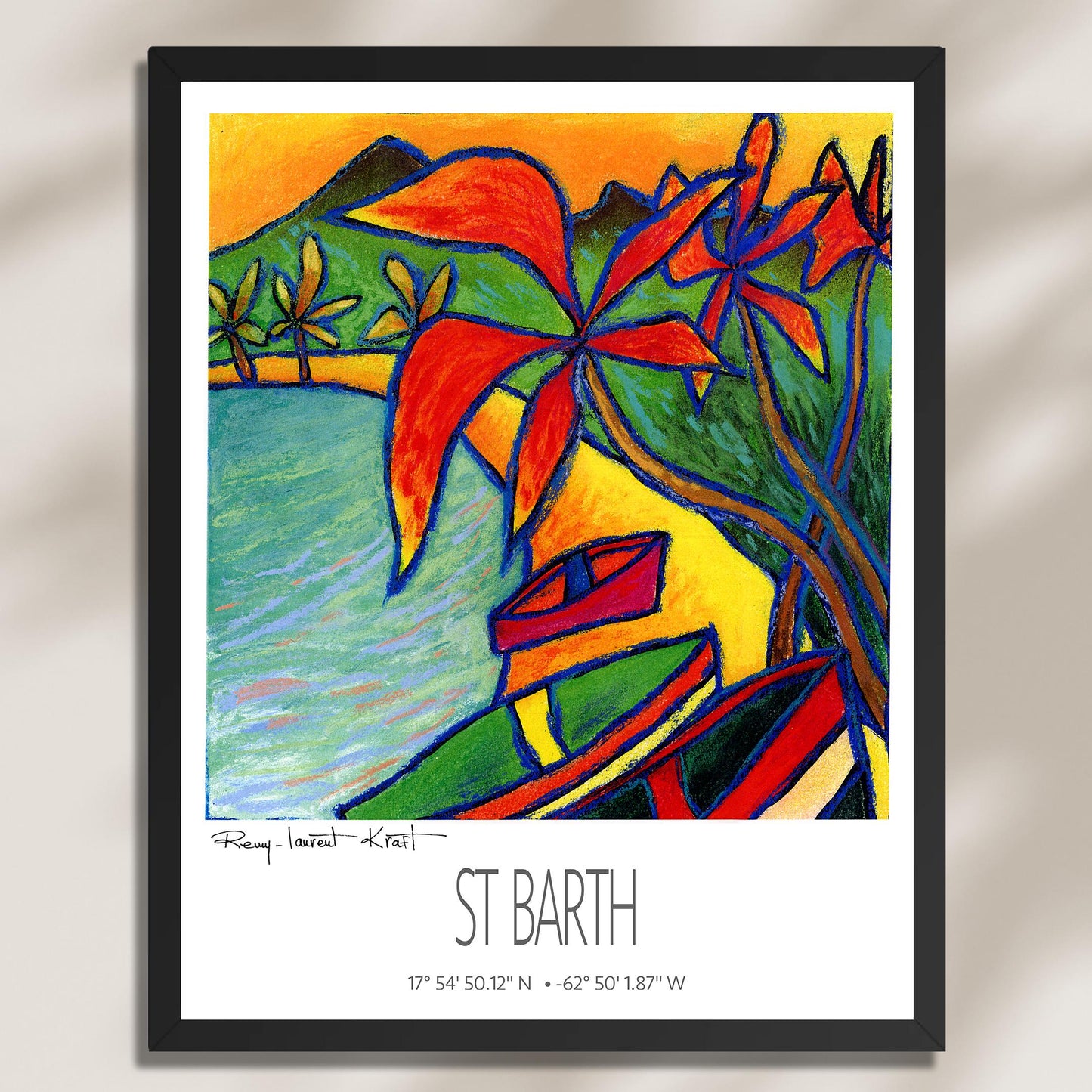 Vintage Travel Poster – St Barth – Red Coco Bay – Framed Caribbean Art Print