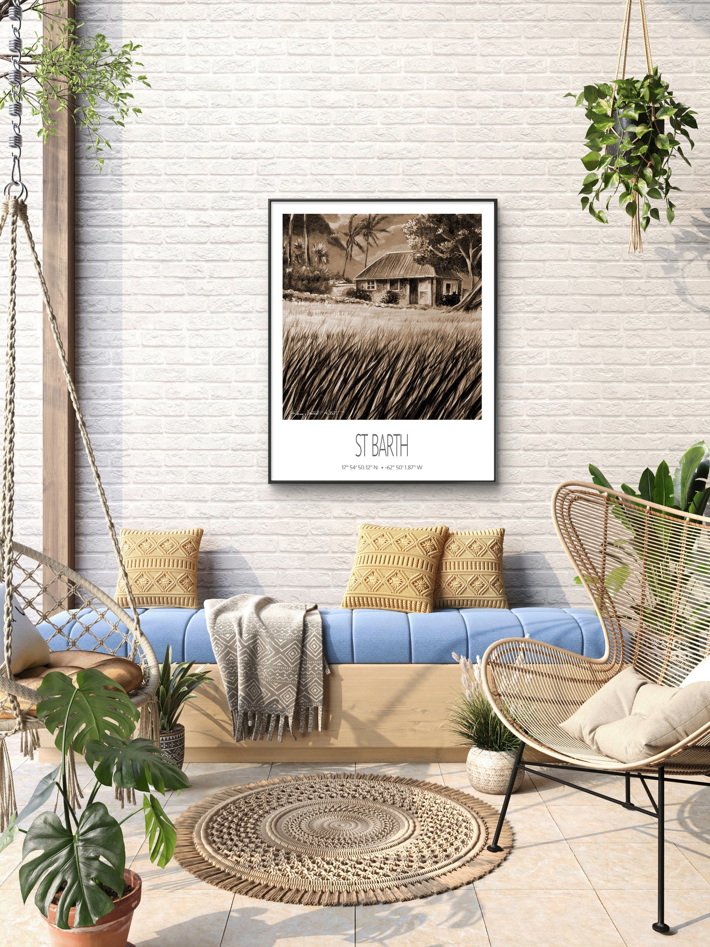 Vintage Travel Poster – St Barth – Cottage Palm Trees – Caribbean Art Print
